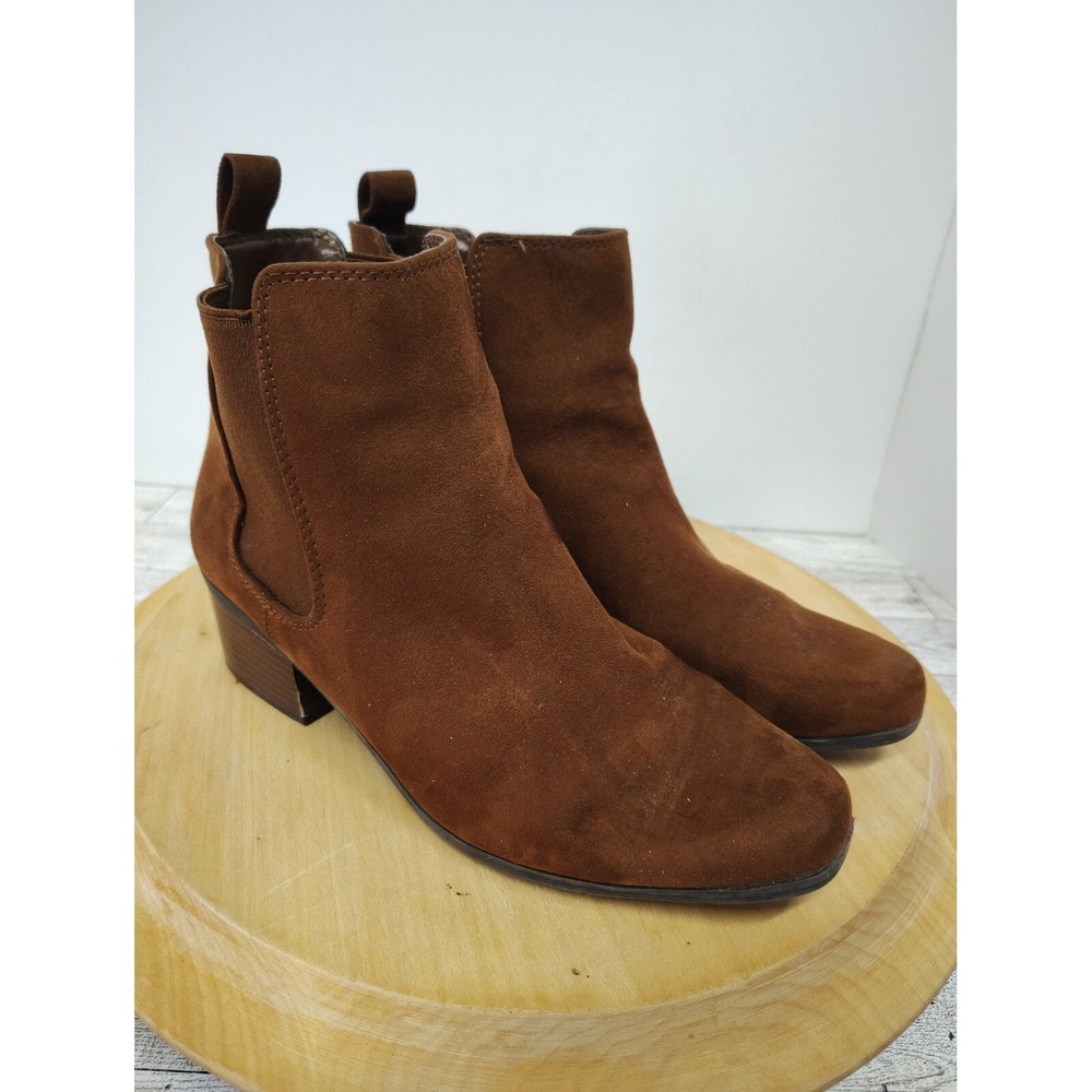 Brown Faux Suede Ankle Boots Elastic Detail 2" Block Heel 8.5 Fall Casual